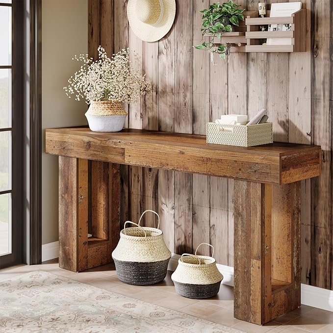 Tribesigns 63-Inch Long Console Table, Farmhouse Wooden Sofa Table Behind The Couch, Narrow Entryway Table for Entrance, Hallway, Living Room (Mix Brown)