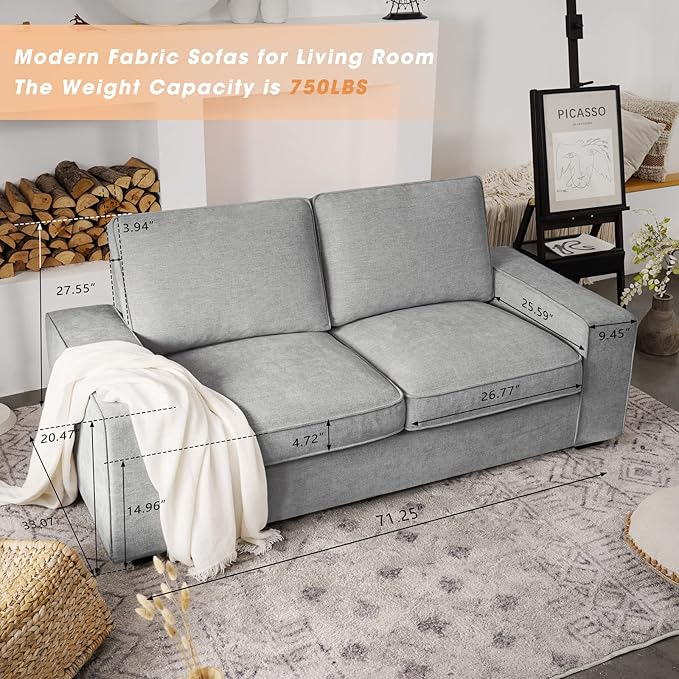 LEISLAND 71.25" Modern Sofas for Living Room, Chenille Loveseat Couch with Solid Wood, Metal, Square Arm and Removable Cover, Small Sofas Couches for Small Spaces, Easy to Install(Light Grey)