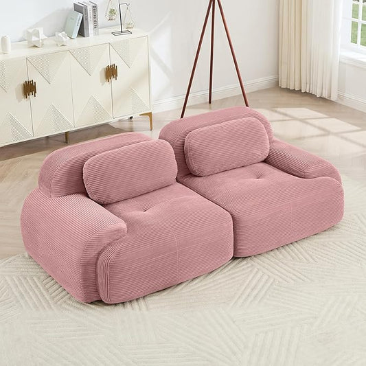 80" Modern Corduroy Boneless Love Seat Couches, 2 Seater Large Sectional Couches for Living Room, Pink Cloud Modular Sectional Sofa, Memory Foam, Extra Deep Loveseat, No Assembly