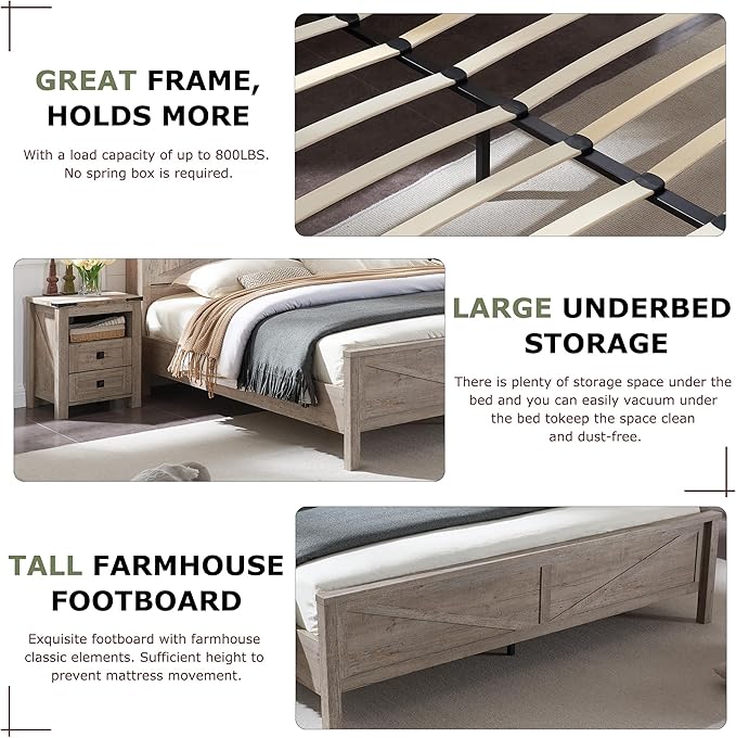 RedLemon Farmhouse King Size Bed Frame with Bookcase Headboard & Sliding Barn Door, Storage Shelves, Charging Station, Wood Slats Support, No Box Spring Needed, Light Rustic Oak