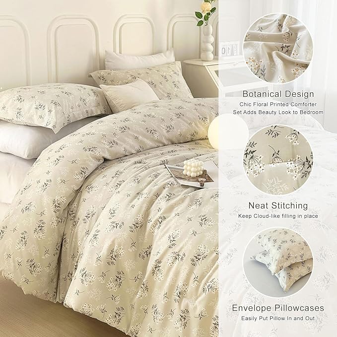 EAVD Boho Floral Comforter Set Full Size Beige Soft Washed Microfiber Bedding Comforter Set with 2 Pillowcases Chic Shabby Garden Floral Botanical Comforter Set for All-Season