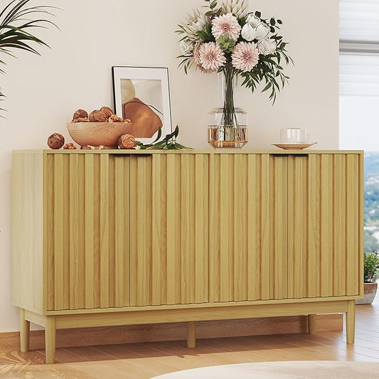 Buffet Cabinet with Storage, Sideboard Cabinet with Fluted Door, Kitchen Buffet Storage Cabinets with Adjustable Shelves, Sideboard Cabinets for Living Room, Entry, Hallway, Natural