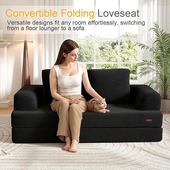 COMAX Convertible Sofa Bed, Folding Floor Couch Fold Out Couch Bed Futon Sleeper Mattress with Pillows, Boneless Sofa Comfy Lounge Loveseat for Living Room Bedroom, Faux Fur Black