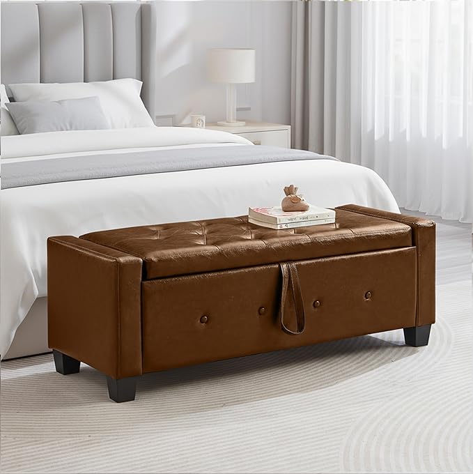 48" Faux Leather Ottoman with Storage, Tufted Storage Ottoman Bench with Safety Hinge, Rectangular Extra Long Bench for Bedroom, Living Room, Entryway and Window, Brown