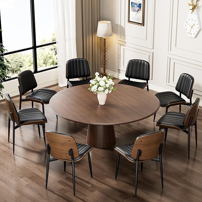 Dining Chairs Set of 6, Mid-Century Modern Upholstered PU Leather Chairs with Walnut Bentwood Back and Metal Legs Adjustable Feet for Kitchen Dining Living Room, Dark Black Vertical Stripes