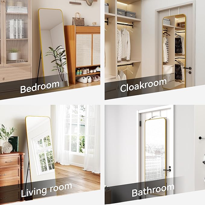 57x20 Door Hanging Full Length Mirror, Floor (Height 5.7ft just Body in 1.3ft) or Wall Mounted Metal Frame Rectangle Dressing Mirrors for Bedroom Bathroom Living Room 57 inch Gold
