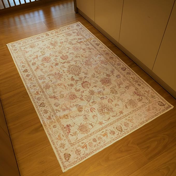 3x5 Soft Washable Area Rugs for Living Room and Bedroom, Non-Slip Stain Resistant Indoor Carpet, Cozy Floor Mat for Dining Room, Office, Stain Resistant Entryway Persian Beige Floral