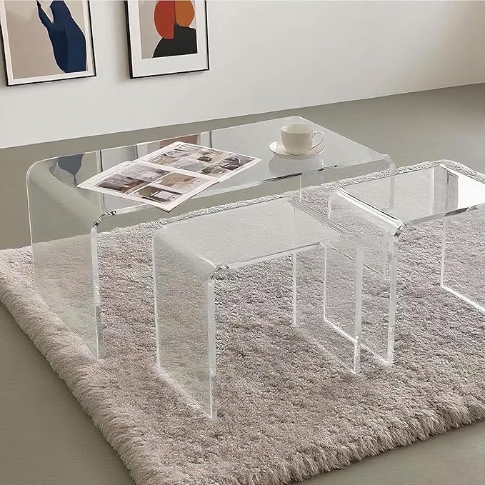 Acrylic Coffee Table and Stool Set of 2. with 34" Modern Minimalist Rectangular Table + 15" Multi-Use Clear Stool, Rest Stool, Shower Seat w/Rounded Edges (Stool:15.7"x10.6"x14.1")