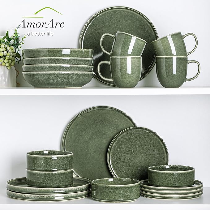 AmorArc Ceramic Dinnerware Sets, Handmade Reactive Glaze Stoneware Plates and Bowls Sets,Highly Chip and Crack Resistant | Dishwasher & Microwave Safe Dishes Set, Service for 8 (24pc)
