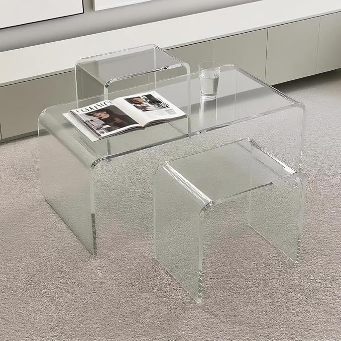Acrylic Coffee Table and Stool Set of 2. with 34" Modern Minimalist Rectangular Table + 15" Multi-Use Clear Stool, Rest Stool, Shower Seat w/Rounded Edges (Stool:15.7"x10.6"x14.1")