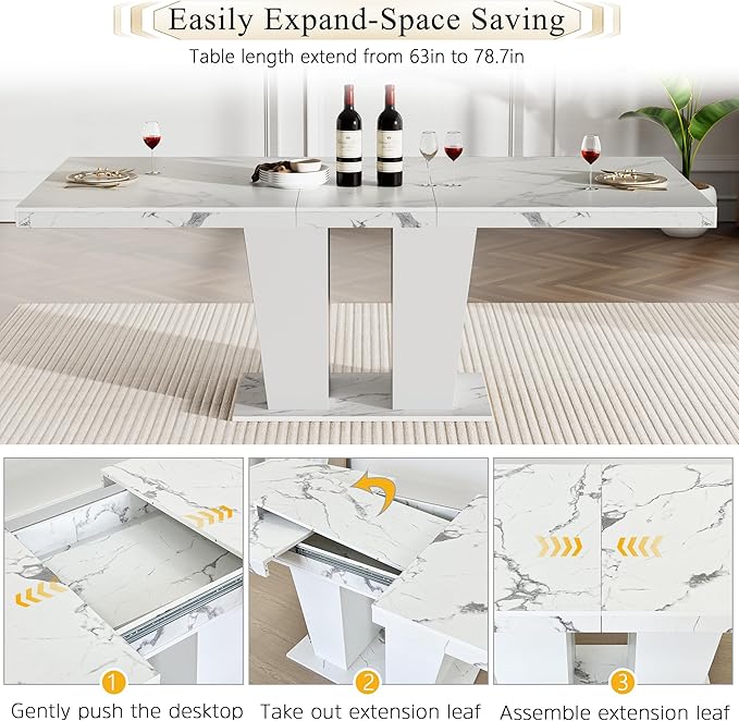 Goujxcy 7-Piece Extendable Dining Table Set for 6-8 People 63-78 Inch Kitchen Table Set with 6 Blue Upholstered Chairs Modern White Faux Marble Rectangular Dining Room Table Set for Kitchen Apartment