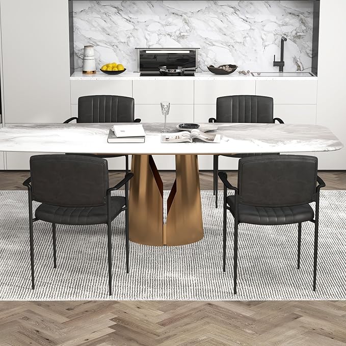 Mid-Century Modern PU Leather Dining Chairs Set of 2, Upholstered Kitchen Chairs with Arms and Metal Legs Adjustable Feet for Kitchen Dining Room(Black)