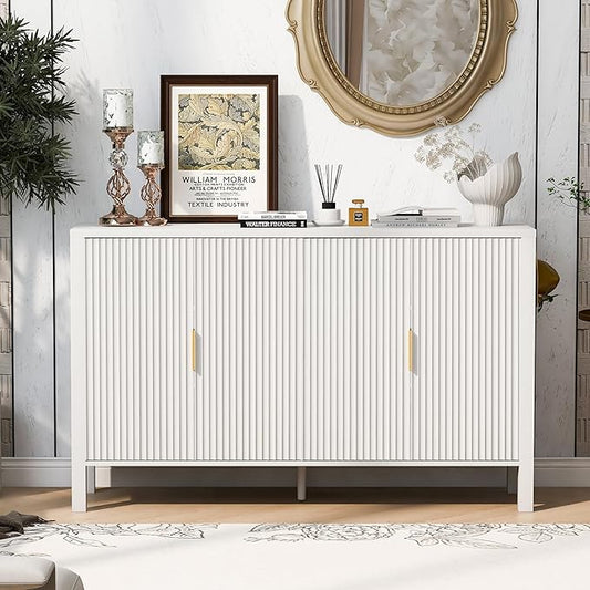 57.5'' Modern Console Table Sofa Table with Storage Racks & Side Hooks, Accent Stripe 4-Door Buffet Sideboard Serving Storage Cabinet with Adjustable Shelves for Living Room Kitchen (White-NEW)