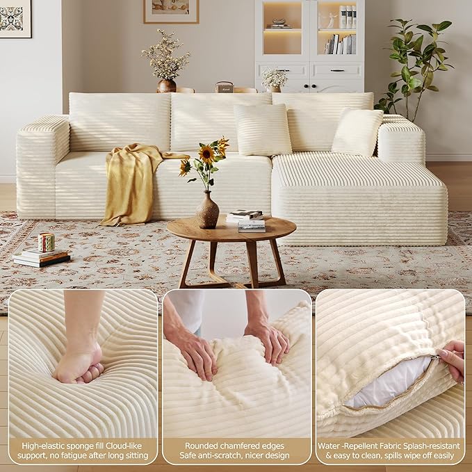108'' Modular Sectional L-Shaped with Chair,Deep Seat Boneless Corner Couch for Living Room,Plush Corduroy Couch with Detachable Sofa Set,No Assembly(Right Facing Chaise，Beige)