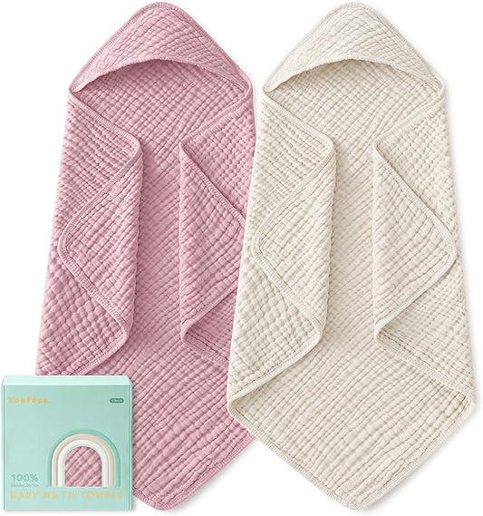 Yoofoss Hooded Baby Towels for Newborn 2 Pack 100% Muslin Organic Cotton Baby Bath Towel with Hood for Babies, Infant, Toddler and Kids, Large 32x32Inch, Soft and Absorbent Newborn Essential