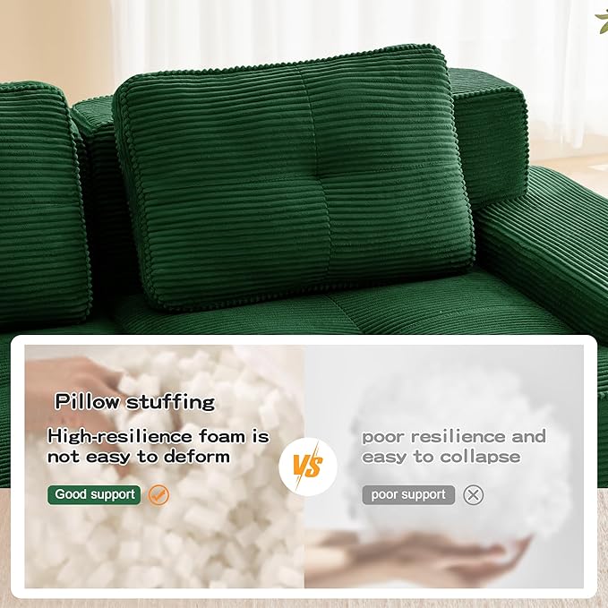 115.3'' Sectional Sofa, 32D Foam Corduroy Boneless Couch with Pillow, Deep Seat Wide Arm Sectional L Shaped Couch for Living Room, Apartment, Bedroom