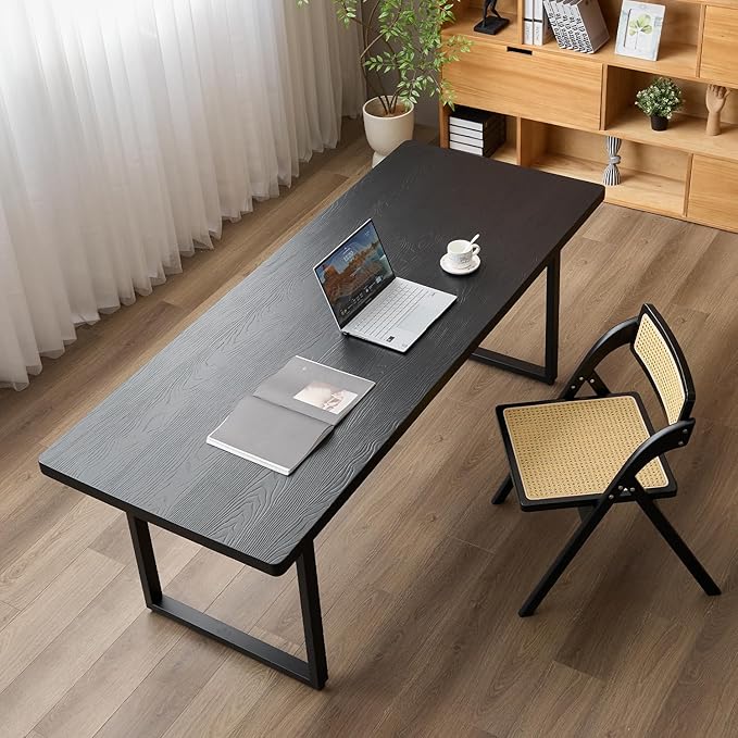 Modern Solid Wood Dining Table with Metal Base Stylish Durable Dining Room Table in Black Multiple Sizes Home Use Office Desk(55.12in)