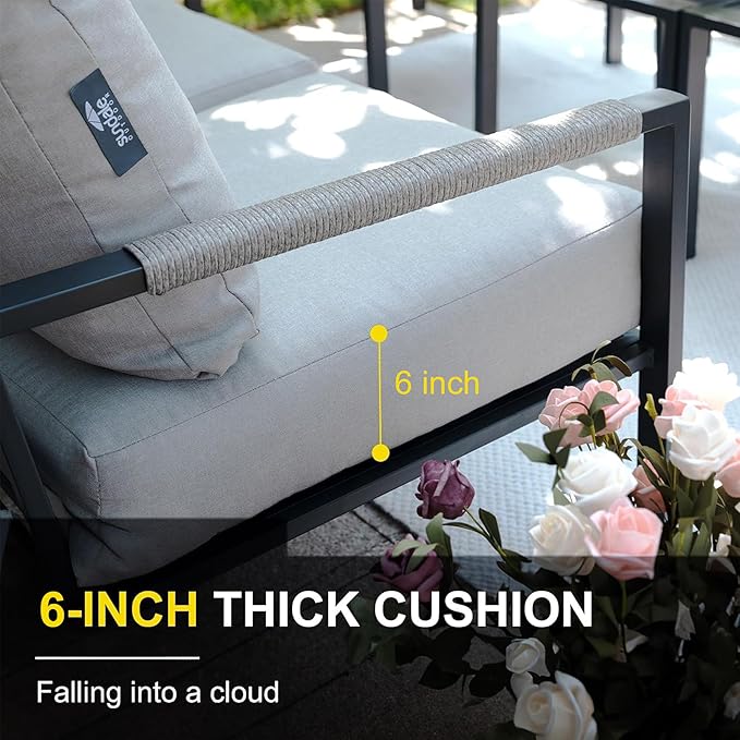 Metal Patio Furniture Set with 51inch Champagne Fire Pit Table, 6-Piece Modern Outdoor Conversation Set with 6-Inch Thick Cushions, Outdoor Furniture Set for Garden, Backyard, Balcony (Warm Grey)