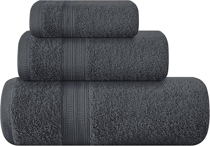 BOUTIQUO Ultra Soft 3 Pack Cotton Towel Set, Contains a Bath Towels 27x54 inch, a Hand Towels 16x24 inch & a Wash Coths 12x12 inch, Ideal Everyday use, Compact & Lightweight - Charcoal Grey