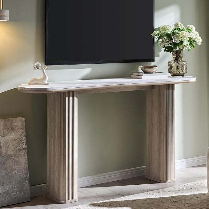 OKD 63" Modern Console Table with Arc Marble Texture Top, Fluted Wood Base, Contemporary Entryway Sofa Table for Living Room, Hallway, Foyer, White Alder