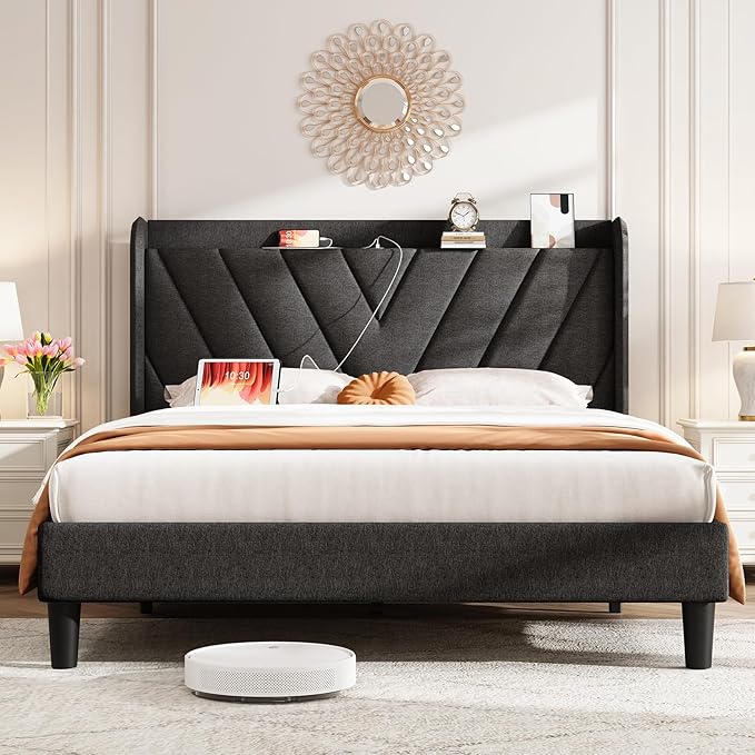 koorlian Queen Bed Frame with Headboard, Adjustable Upholstered Platform Bed Frame with Type-C&USB Ports, Wingback Storage Headboard, Solid Wood Slats Support, No Box Spring Needed, Dark Gray