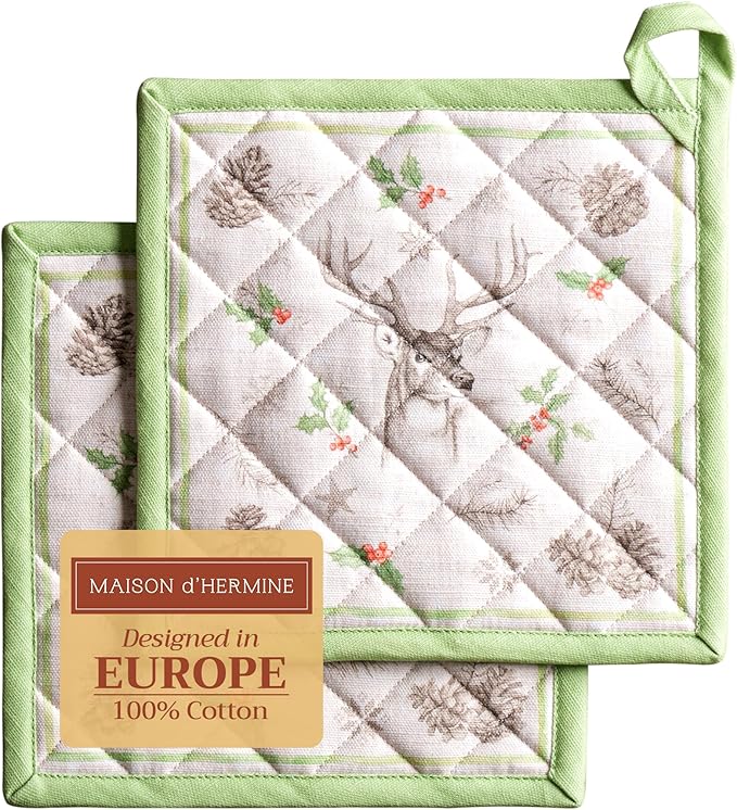 Maison d' Hermine Pot Holders Set 100% Cotton Heat Resistant Potholders 8" x 8" Hot Pads with Loop for Thanksgiving Christmas Decorations BBQ Baking Handling Hot Pans (Pack of 2, Christmas Dew)
