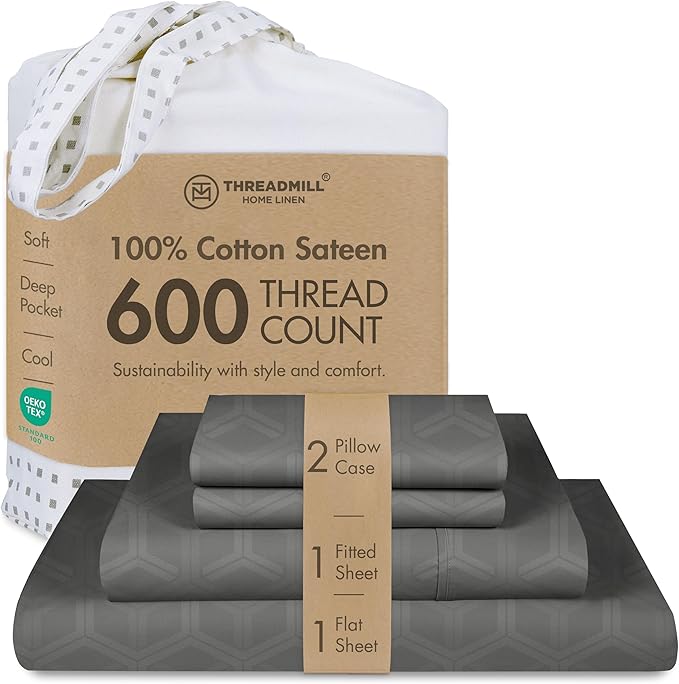 Threadmill 100% Cotton Sheets for Queen Size Bed - 600 Thread Count Queen Bed Sheets Set with 16” Deep Pocket - Jacquard Sateen Weave 4-Piece Bedding Set with Cooling Effect, Dark Grey