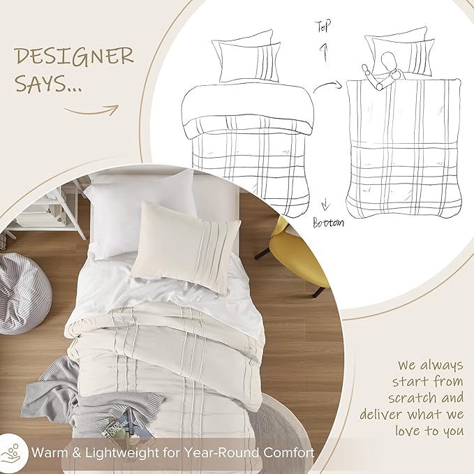 Comfort Spaces Cream Queen Size Comforter Set - 3 Pieces Pintuck Pleated Bedding Sets, All Season Lightweight, Extra Softness Pre-Washed Microfiber Queen Bed Set, Shams
