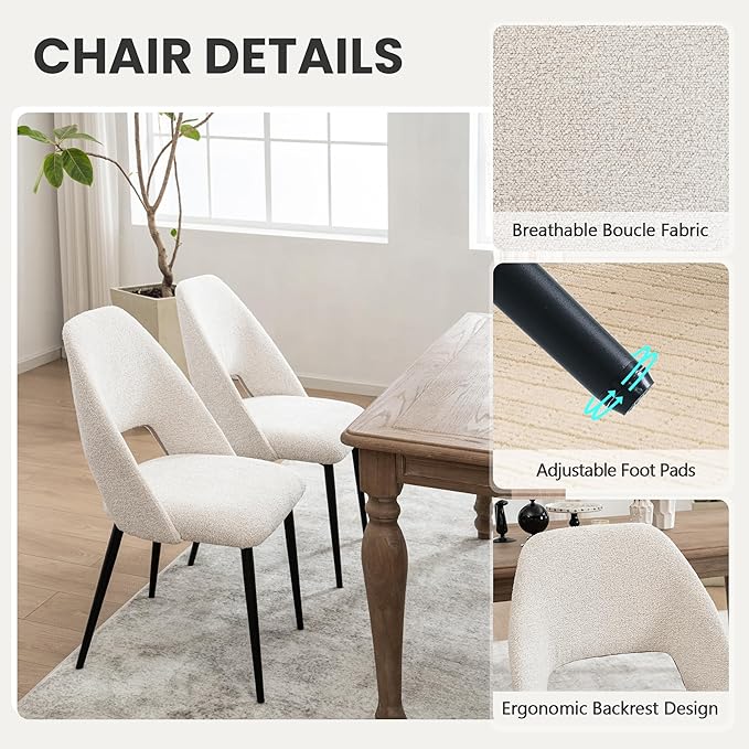 Rowill Dining Chairs Set of 4 Upholstered Dining Room Chairs Mid Century Modern Dining Chairs Kitchen Chairs Accent Chair with Metal Legs for Living Room Bedroom, Boucle Fabric Beige