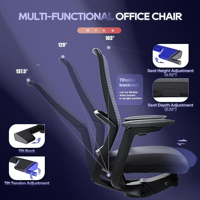 COLAMY Ergonomic Office Chair with Adjustable Seat Depth, 4D Armrests, Lumbar Support, Breathable Mesh Back, Leather Seat Cushion, and Recline Lock – Ideal Executive Desk Chair for Professionals