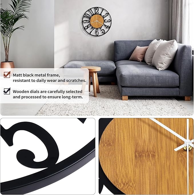 Maxstar Wall Clock Battery Operated,Silent Non-Ticking Modern Rustic Metal Round Clocks Small for Living Room/Bedroom/Office/Kitchen/Farmhouse Home Decor-16 Inch(Yellow-Wood)