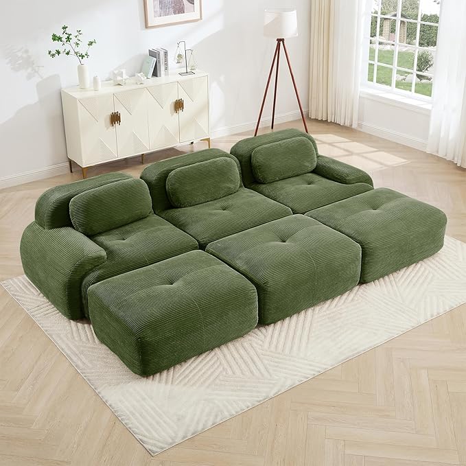 Green Ottoman for Modular Sectional Sofa, Corduroy Deep Seat for Oversized Compressed Boneless Sectional Couches for Living Room Bedroom Apartment, Cloud Sofa Couch Set, Memory Foam, No Assembly