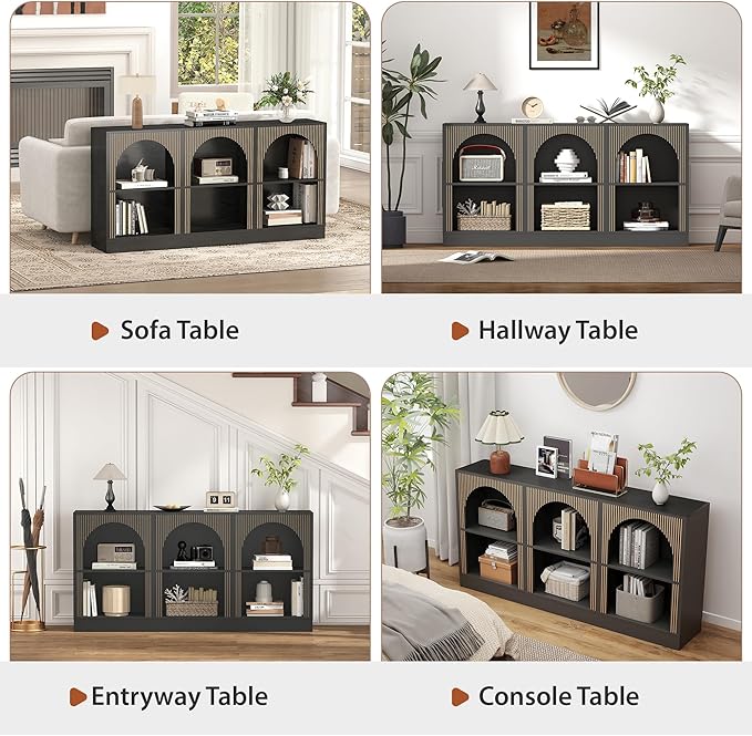 Console Table Set of 2, Extra Long 126" Arched Entryway Table with 3-Tier Open Storage, Rectangular Wooden Sofa Table for Living Room, Hallway, Behind Couch (2, Black)