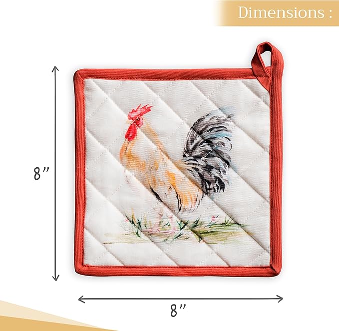 Maison d' Hermine Pot Holders Set 100% Cotton Heat Resistant Potholders 8" x 8" Hot Pads with Loop BBQ, Cooking, Baking, Grilling, Kitchen, Handling Hot Pans Spring/Summer (Pack of 2, Campagne)