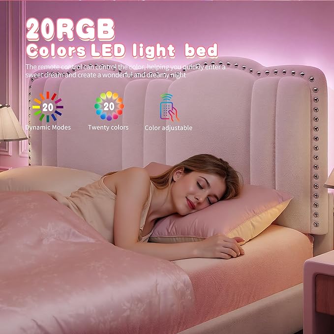 EnHomee Full Size Bed Frame with LED and Velvet Upholstered Headboard, Platform Bed Frame with Height Adjustable Headboard, No Box Spring Needed,Easy Assembly,Cream