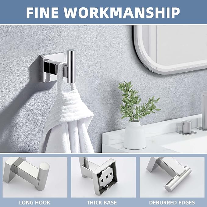Suyar Bath Towel Hook Polished Chrome, SUS 304 Stainless Steel Modern Shower Robe Holder, Bathroom Coat Towel Hanger Wall Mounted