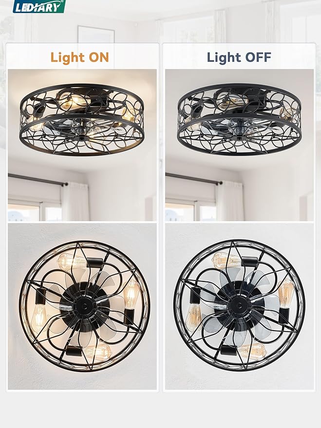 LEDIARY Caged Ceiling Fans with Lights, Black Flush Mount Ceiling Fan with Remote, Small Low Profile Bladeless Ceiling Fan Light Fixture for Bedroom, Kitchen, Dining Room.
