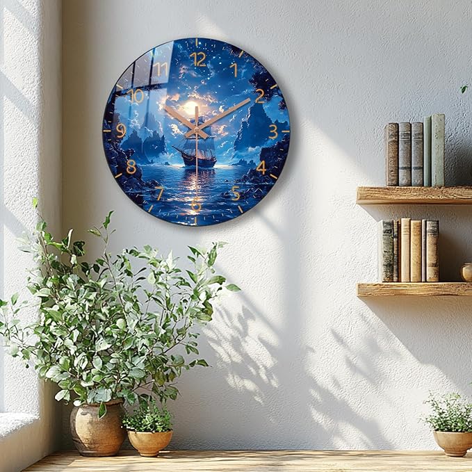 Modern Blue Wall Clock 14 inch Wooden Beach Boat Wall-Clock with Tempered Film Round Silent Analog Clock for Bedroom, Office, Living Room Decor