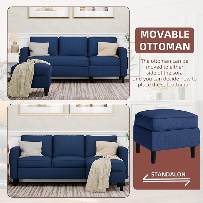 JAMFLY Sectional Sofa Couch Convertible L Shaped Sofas with Ottoman Small Sectional Couches for Living Room, 3 Seater Couch for Small Spaces, Blue