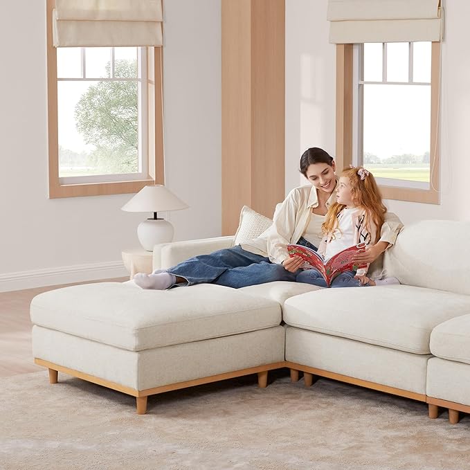CHITA Super Large Luxury L Shape Convertible Sectional Modular Sofa, Down Filled Modern Sofa with Ottoman, Deep Seat Cloud Couch, 118 inch Width, 4 Seat Couch with Solid Wood Leg, Linen