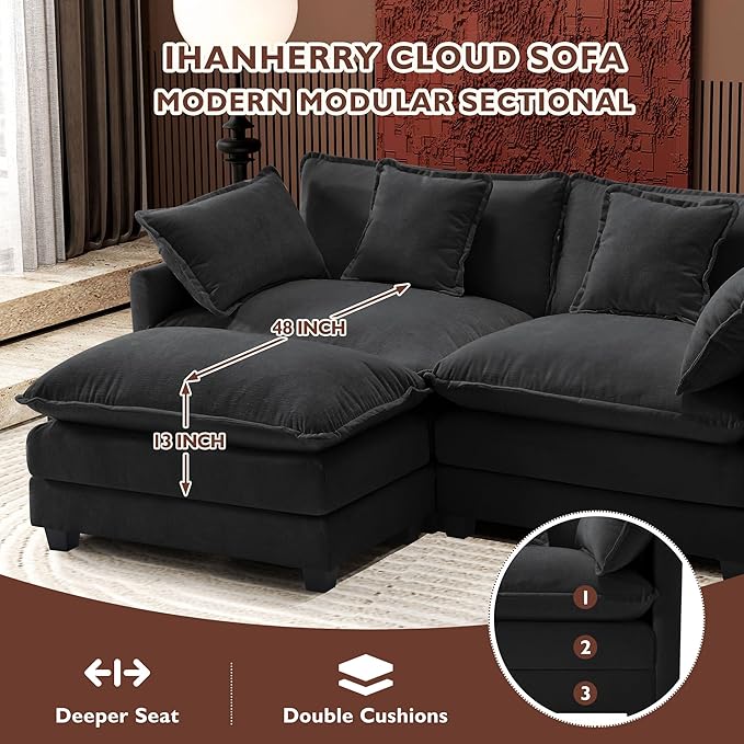Ihanherry 111.4" L Shaped Modern Sofa Modular Sectional Cloud Couch with Ottoman, 4-Seat Chenille Deep Seat Sofa with Pillow for Living Room, Bedroom and Apartment, Black