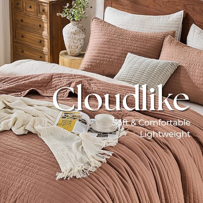 DOWN HOME Twin Quilt Bedding Set with Sham, Vintage Washed Soft Quilted Blanket Thin Comforter Lightweight Bedspread Coverlet Bed Cover, Brushed Microfiber Stripe Stitching, Desert Blush, 66"x92"