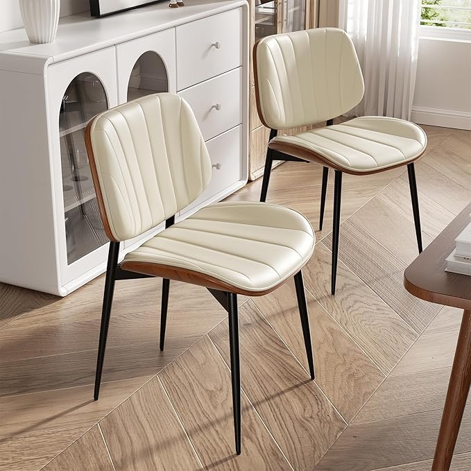 Dining Chair, Mid Century Modern Dining Room Chairs, Upholstered Faux Leather Kitchen Chairs with Walnut Bentwood Back and Metal Legs for Kitchen Dining Room Living Room, Beige