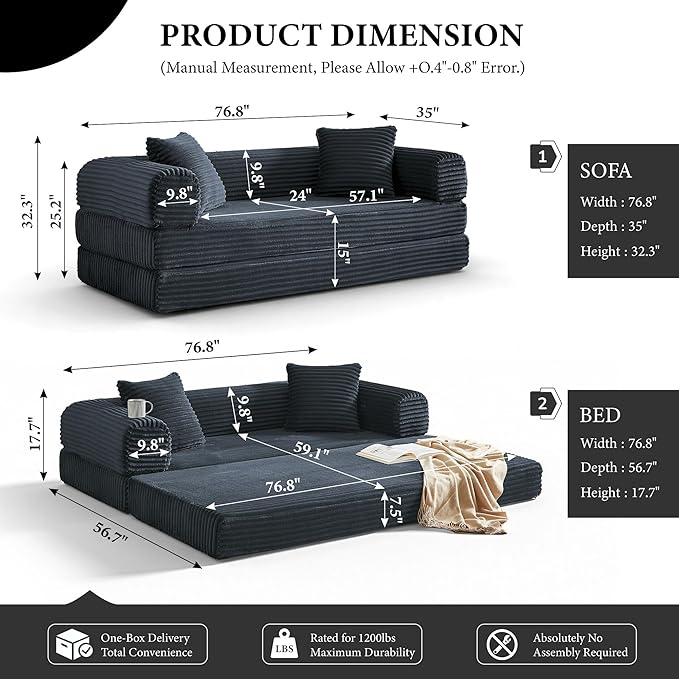 Boneless Couch Sofa Bed Sectional Couches for Living Room,Futon Cloud Couch with Sleeper Sofa,Sofas for Living Room Oversized Corduroy Upholstered (Dark Grey)