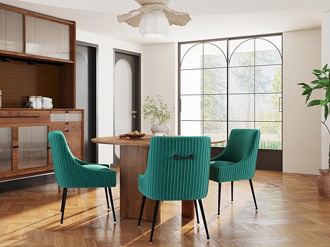 Dining Chairs Set of 4,Modern Velvet Accent Kitchen Chairs,Dark Green Striped Dining Chairs with Black Legs Upholstered Guest Chairs for Living Room/Kitchen/Restaurant/Study Room