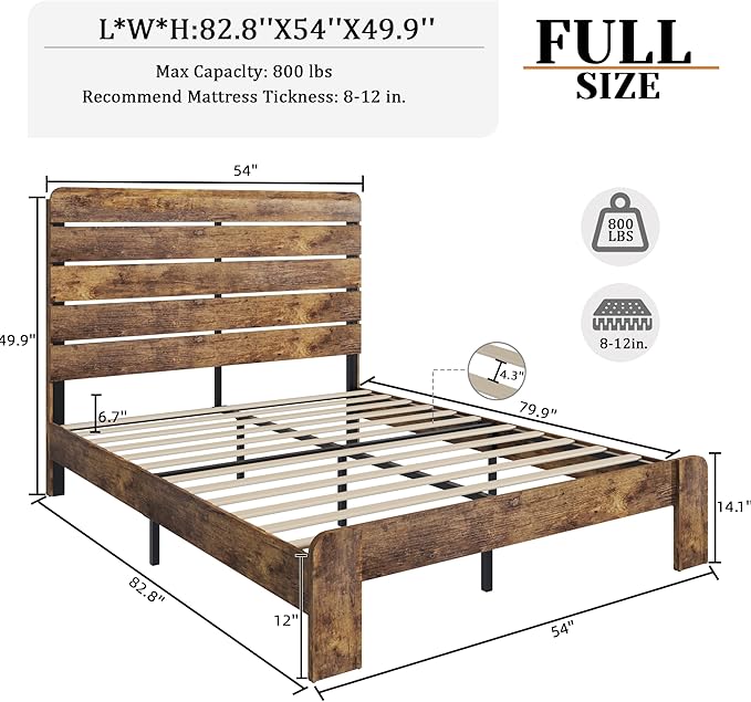 Full Size Bed Frame with Wooden Headboard and Footboard, Rustic Platform Bedframe, Wood Slats Support, No Box Spring Needed, Under Bed Storage, Easy Assembly, Brown