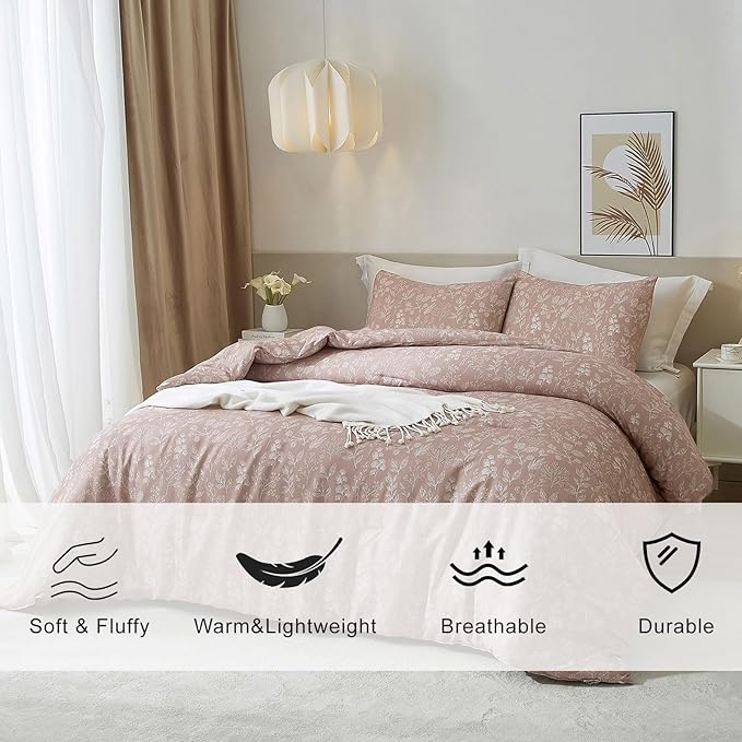 EAVD Vintage Garden Floral Comforter Set King Grayish Pinkish Soft Microfiber Chic Cute Floral Bedding Comforter and 2 Pillowcases Fresh Reversible Botanical Comforter Set for All-Season