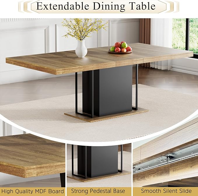 Goujxcy 78.7" Farmhouse Extendable Dining Room Table Set for 6, 7-Piece Rectangle Kitchen Dining Room Table Set with Wood Base and 6 Black Velvet Dining Chairs, Extending Kitchen & Dining Table Set