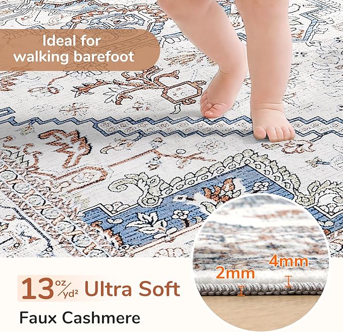 OPPODREAM Thin Entryway Rug 2x10, 2x10 Rug Runner, Neutral Washable Hallways Carpet 2 x 10 with Non Slip Backing, Low-Pile Bedside Carpet 2 x 10, Long, Faux Cashmere, Cream White & Blue & Light Brown