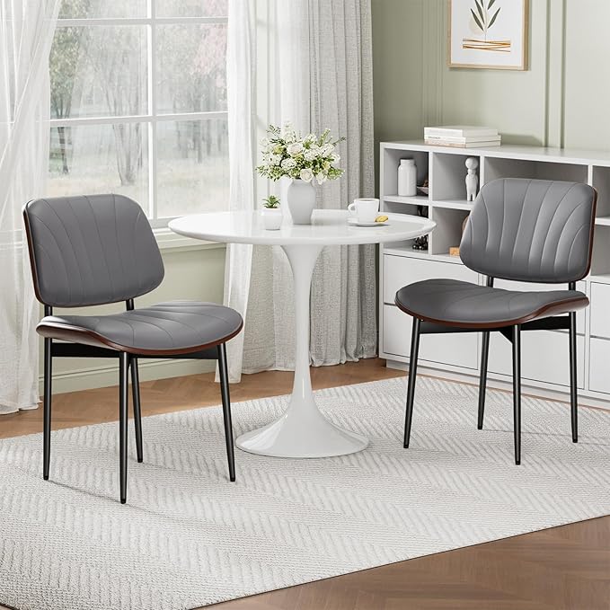 Dining Chairs Set of 6, Mid-Century Modern Upholstered PU Leather Chairs with Walnut Back and Metal Legs Adjustable Feet for Kitchen Dining Room, Dark Gray Shell Strips
